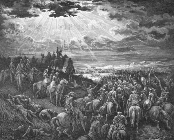 Joshua commands the sun to stand still, book of Joshua, Joshua prays, sun stand still over Gibeon, chapter 10, verse 12, Bible, Old Testament, story, cavalry, horses, warriors, weapons, battle, rays of light, clouds, bow and arrow, shields, armor, hill, valley, mountain landscape, standstill, historical illustration based on Gustave Doré around 1880