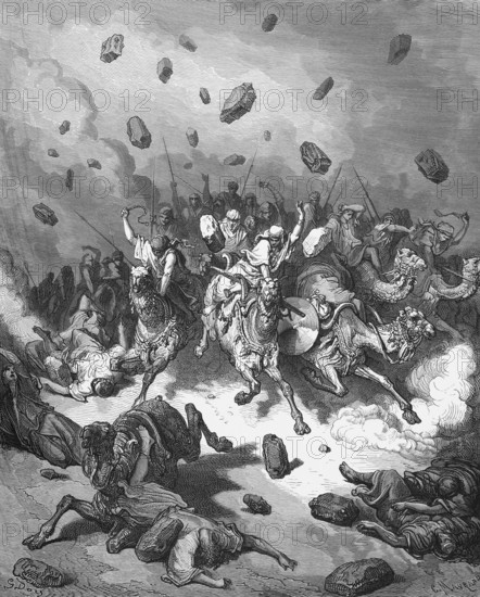 Joshua's victory over the Amorites, God dropped stones from heaven that killed more Amorites than the Israelites with the sword, book of Joshua, chapter 10, verse 11, Bible, Old Testament, story, boulders, fly, kill, drive away, flee, rider, warrior, people, camels, whip, dead, fear, terror, quick, historical illustration based on Gustave Doré around 1880