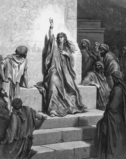 Victory song of Debora, Debora and Barak, the son of Abinoam sing the song, Book of Judges, chapter 5, verse 1, Bible, Old Testament, story, steps, woman singing, arm raised, men, listeners, outdoors, victory, song, historical illustration after Gustave Doré around 1880