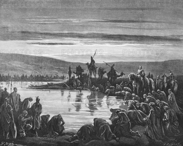 Gedeon's choice of warriors, God said, Whoever slogs the water like a dog with his tongue, with whom will I save Israel, book of judges, chapter 7, verses 5 and 7, Bible, Old Testament, history, water source, army, drink, vessel, cup, mouth, 300 men, slog down, camels, military leaders, fight, select, choose, historical illustration based on Gustave Doré around 1880