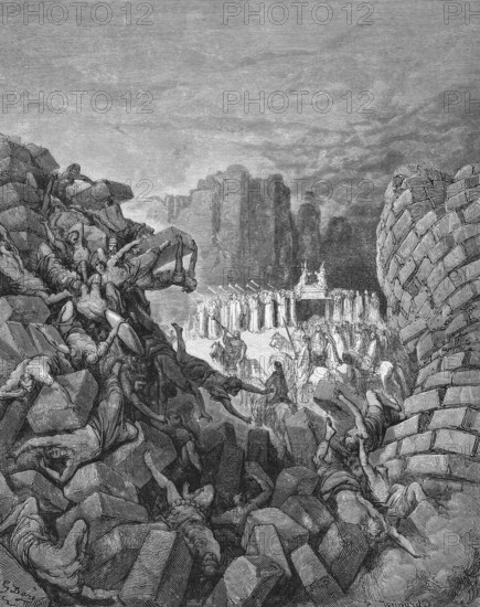 The destruction of the walls of Jericho, the priests blow the ram's horns, people break out in a deafening war cry, book of Joshua, chapter 6, verse 60, Bible, Old Testament, history book, sound, collapse, destruction, wall, stones, rocks, chaos, confusion, die, many people, music, horn, loud, rider, ram, extreme, historical illustration based on Gustave Doré around 1880
