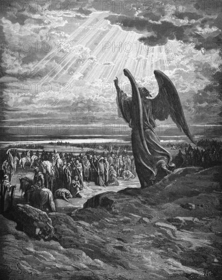 Appearance of the angel, the angel of the Lord came from Gilgal to Bochim and accuses, book of judges, chapter 2, verse 1, Bible, Old Testament, history, Egypt, weeping, bright sky, rays of light, clouds, people, crowd, angel speaking, raised index finger, horses, standing, accusation, listener, rocks, historical illustration based on Gustave Doré around 1880