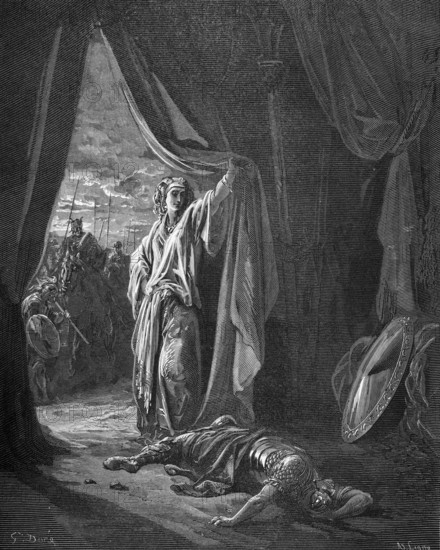 Jael or Jahel and Sissera, Sisera lies dead on the ground, book of judges, chapter 4, verse 22, Bible, Old Testament, story, search, tent inside, dead warrior, armor, shield, curtain open, woman, rider, lances, historical illustration after Gustave Doré around 1880