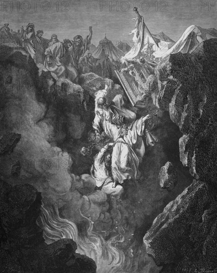 Punishment of Korah or Cores and his rutte, Moses spoke that the ground split under Datan and Abiramn and engulfed everyone, families and their property, Fourth Book of Moses, chapter 16, verses 31-33, Bible, Old Testament, numbers, law book, history, punishment, people, crevice, horses, people, tents, fall, death, fire, cruelty, destroy, die, fall, historical illustration based on Gustave Doré around 1880