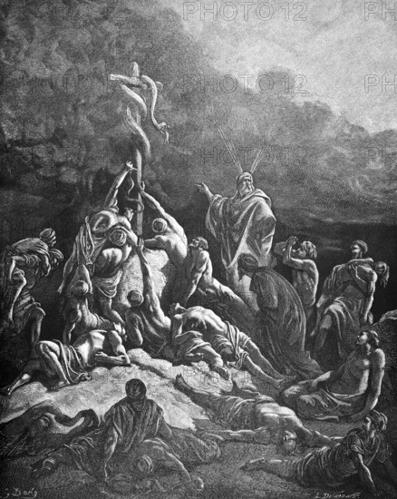 The Iron Serpent, Fourth Book of Moses, made a bronze snake and put it on a field sign, who was bitten stayed alive, chapter 21, verse 9, Bible, Old Testament, numbers, book of law, history, bite, men, misery, despair, die, live, God, dark clouds, historical illustration based on Gustave Doré around 1880