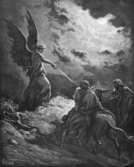 Balaam's donkey, the Lord opened Balaam's eyes and he could see the angel, fourth book of Moses, chapter 22, verse 31, Bible, Old Testament, numbers, book of laws, story, drawn sword, rider, cow, sun, bushes, blind, miracle, will, historical illustration based on Gustave Doré around 1880