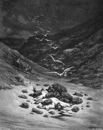 The stoning of Achan, Israelites stone Achan in the Achor valley, book of Joshua, chapter 7, verse 25-26, Bible, Old Testament, story, pile of stones, misfortune, death, betrayal, flock of birds, flying, burying, mountains, dying, cruel, historical illustration based on Gustave Doré around 1880