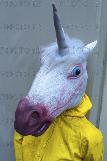 Mannequin with rain jacket and unicorn mask, Krakow, Poland