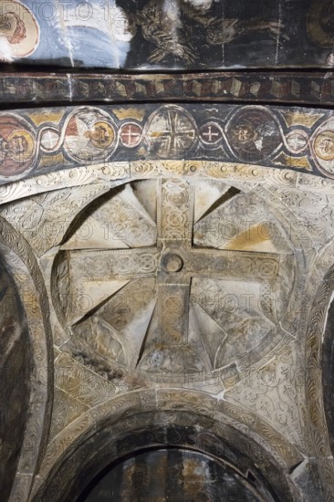 Cross-shaped frescoes on a richly decorated church ceiling in black and white tones, Nikorzminda Cathedral, Racha-Lechkhumi region, Lower Svaneti, Georgia