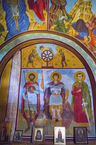 Orthodox icons and frescoes depicting religious figures and colors in a church, Nikorzminda Cathedral, Racha-Lechkhumi region, Lower Svaneti, Georgia