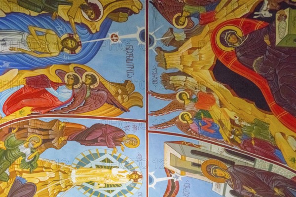 Detailed ceiling frescoes with religious motifs and depictions of angels in a church, Nikorzminda Cathedral, Racha-Lechkhumi region, Lower Svaneti, Georgia