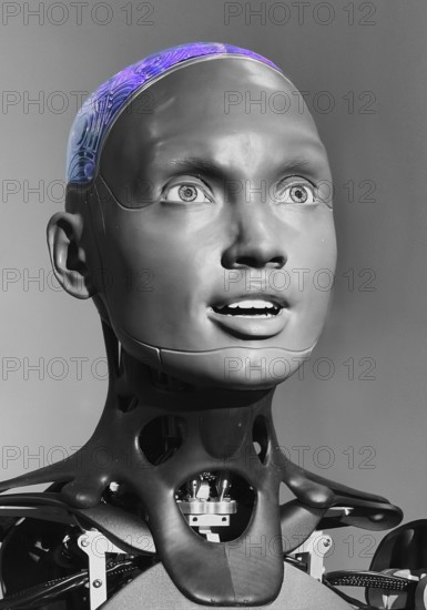 Humanoid communication robot that can simulate human emotions using AI, exhibition, history of the future, Germany