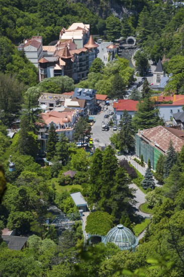 Bird's-eye view of the city with buildings and dense forests and green areas, Borjomi, Borjomi, Samtskhe-Javakheti region, Samtskhe-Javakheti, Lesser Caucasus, Georgia