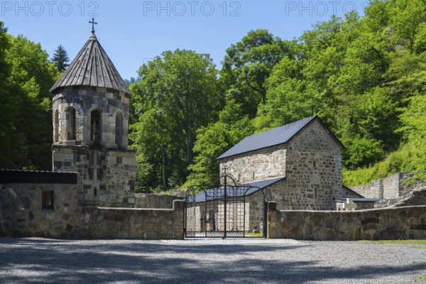 Church complex with stone structures and an open gate, Chitakhevi Church of St. George, The Green Monastery, Mtsvane Monastery, Samtskhe-Javakheti Region, Samtskhe-Javakheti, Georgia