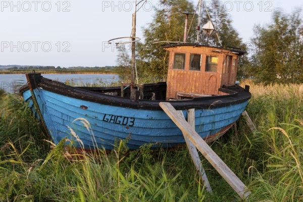 Old boat on the lagoon near Gager on Rügen, Rügen, Gager, Mecklenburg-Western Pomerania, Germany
