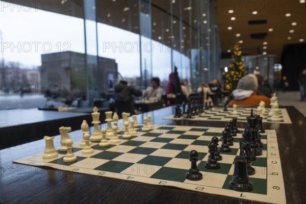 Chess boards, entrance area, Central Library and Oodi Cultural Center, designed by ALA Architects, Helsinki, Finland