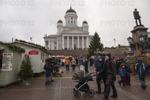 Bustling Christmas market, Senate Square, Helsinki, Finland