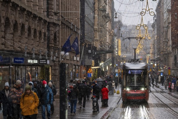 Alexanterinkatu, main shopping street in the city center, designed by Carl Ludwig Engel, Christmas decoration, tram, Helsinki, Finland