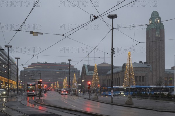 Tram, city center, main train station with Christmas decoration, Helsinki, Finland
