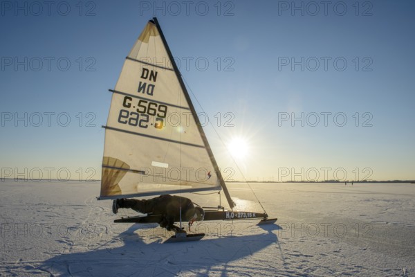 Ice sailor on the frozen Dümmer, Dümmer See, east shore north of Lembruch, with bright sun in Lembruch, Diepholz district, Lower Saxony, Germany