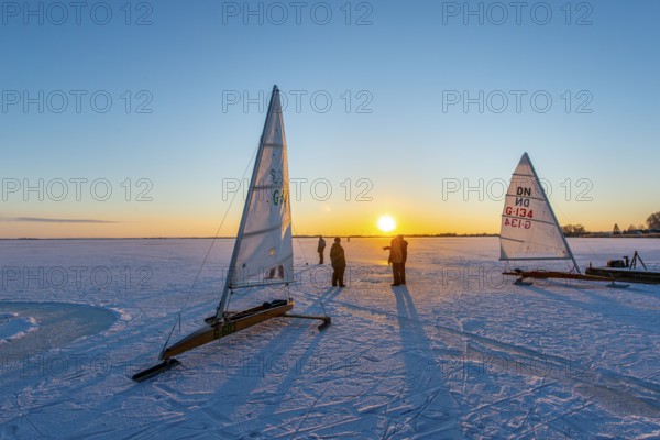 People watch ice sailboats at sunset, ice sailors on the frozen Dümmer, Dümmer See, east shore north of Lembruch, Lembruch, Diepholz district, Lower Saxony, Germany