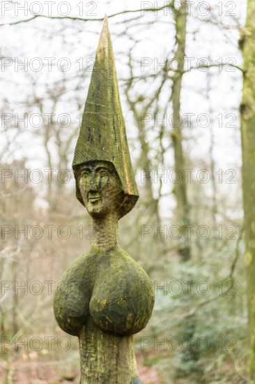 Artistic wooden sculpture with the name Gaia's daughter by artist Wolf E. Schultz im Wald Hasbruch Public art with a mysterious and natural ambiance, Hasbruch, Lower Saxony, Germany