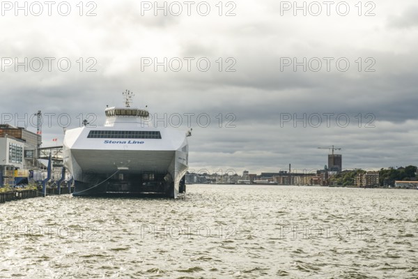 Large Stena Line fast ferry catamaran ferry in Gothenburg harbour under cloudy sky, Gothenburg, Västra Götalands län, Sweden