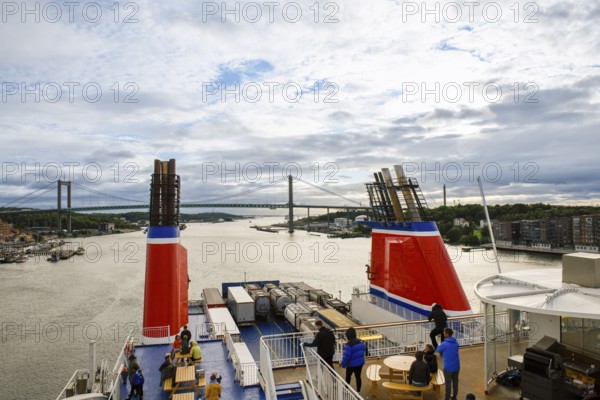 View from ship deck of a bridge and surrounding countryside on a cloudy day, Stena Line Gothenburg-Kiel, Gothenburg, Västra Götalands län, Sweden