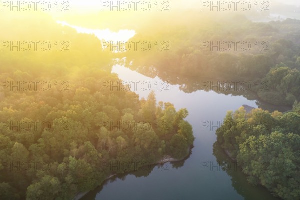 Sunrise at Ahlhorn fish ponds, aerial view, fog, Bissel, Ahlhorn, Lower Saxony, Germany