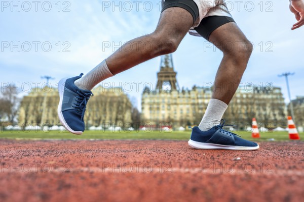 Athletic person starting a sprint on a red running track, with the iconic eiffel tower and parisian buildings visible in the background, symbolizing sport and lifestyle in the city