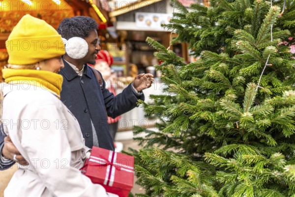 Diverse couple selecting a christmas tree at a festive outdoor market in paris, enjoying the winter holiday season together while carrying a wrapped gift box