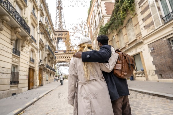 Diverse couple embracing in a romantic moment, walking through a charming parisian street with historic buildings, enjoying a memorable travel experience and exploring the city's famous landmarks