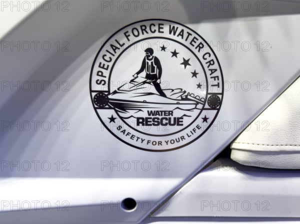 Press photo of logo with lettering Special Force Watercraft Water Rescue on Jetski WR190 TAC by Wasserschutzpolizei, Germany