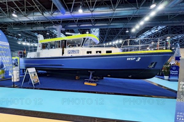 Press photo of patrol boat WSP 3 by Cologne Police Water Protection Police for operations on the Rhine, during presentation after baptism during Messe Boot Düsseldorf, North Rhine-Westphalia, Germany