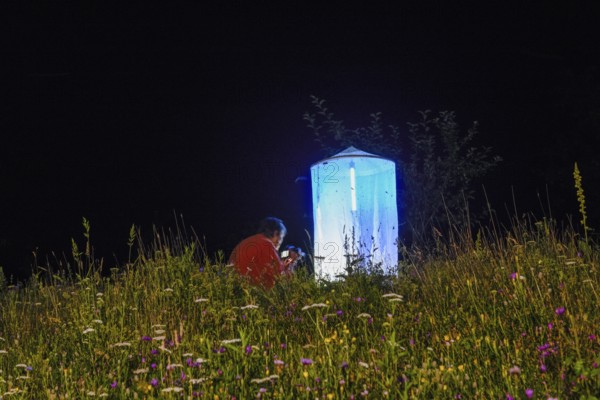Person, biologist, butterfly researcher observing an illuminated tent Light catch full of insects in the middle of a blooming meadow at night, Diepholz district, Lower Saxony, Germany