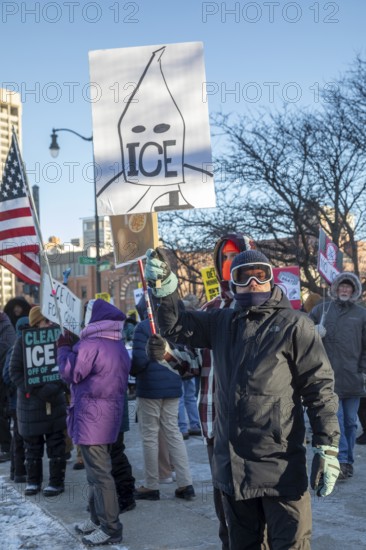 Detroit, Michigan USA - 24 January 2026 - A solidarity rally with Minneapolis residents protesting the ICE occupation of their city. Activists in Minnesota are engaging in a one-day strike over ICE arrests and brutality against immigrants