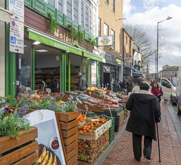 Nefertiti fruit and vegetable greengrocer shop in town centre of Reading, Berkshire, England, UK