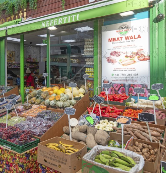 Nefertiti fruit and vegetable greengrocer shop in town centre of Reading, Berkshire, England, UK