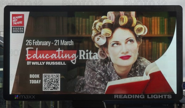 Maxx electronic billboard OOH advertising, Reading Lights, Reading, Berkshire, England, UK - Educating Rita, Willy Russell play at theatre