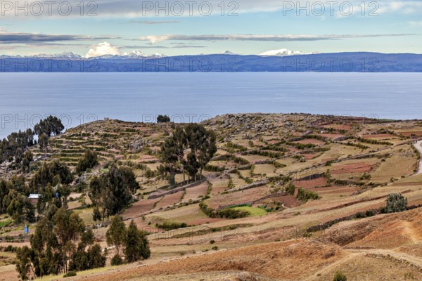 Landscape with a wide view over fields, a lake and a cloudy sky on the horizon, The countryside and farmhouses on the island of Taquile in Lake Titicaca in Peru
