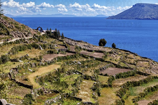 Terraced fields stretch down to a clear blue lake, framed by stone arches and hills, the countryside and farmhouses on the island of Taquile in Lake Titicaca in Peru