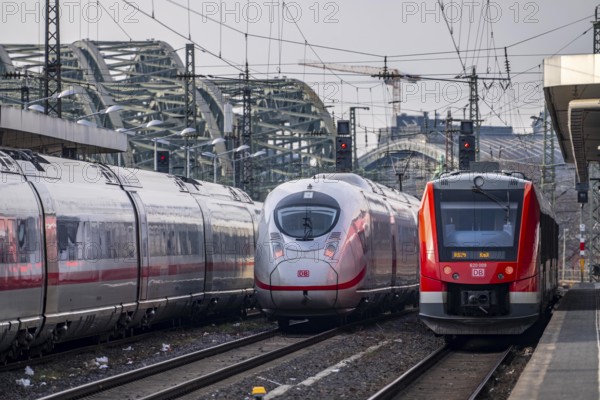 ICE long-distance train and regional trains at Cologne-Messe/Deutz station, 2nd largest station in Cologne, transfer station between long-distance and local transport, exhibition station, 8 platform tracks, Cologne Cathedral, North Rhine-Westphalia, Germany