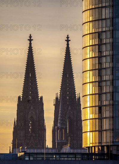 Cologne Cathedral, church towers, round façade of the Cologne Triangle Hochaus in Cologne-Deutz, sunset, North Rhine-Westphalia, Germany