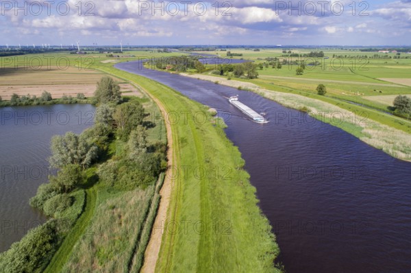 Aerial view of Hunte in front of Holler Siel, Weermarsch, Lower Saxony, Germany