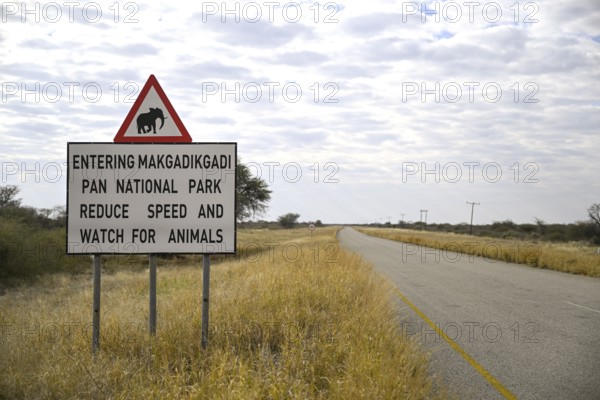 Sign near the entrance to Makgadikgadi Pans National Park, near Gewta, Central District, Botswana