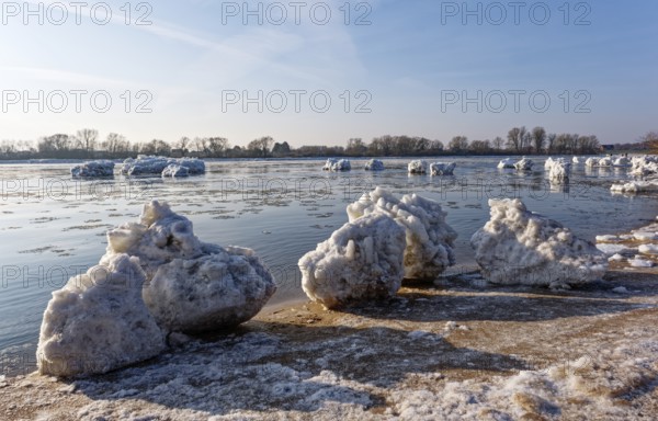 Ice skating on the Elbe with small icebergs on the water and on the banks of the Elbe Island near Geesthacht on a cold winter day. Geesthacht, Schleswig-Holstein, Germany