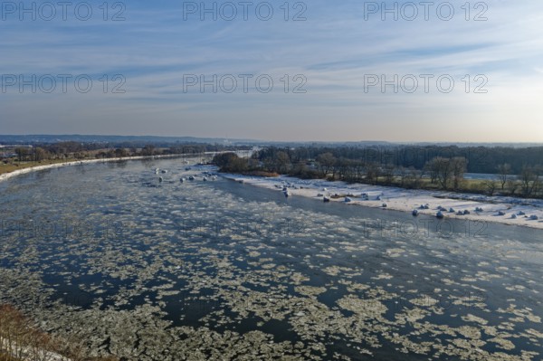 Ice rink on the Elbe near Hamburg near the Schwinder Haken off the Elbe island of Geesthacht. aerial view. Hamburg, Germany