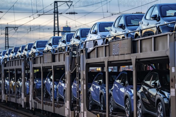 Car train, transport of Toyota small cars with a freight train from BLG Logistics, a logistics service provider for automobiles, Cologne, North Rhine-Westphalia, Germany