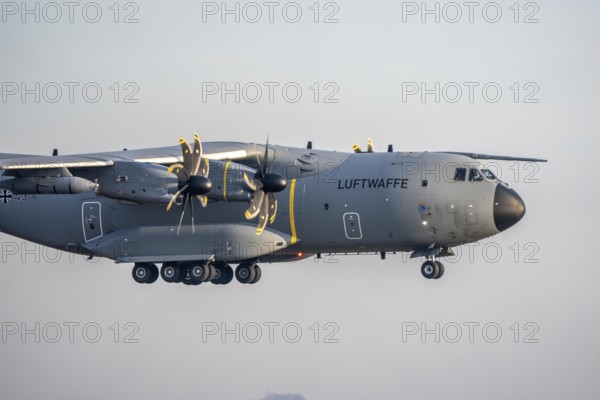 Airbus A400 transport aircraft of the German Air Force, landing at Cologne/Bonn airport, CGN, belongs to the air transport squadron 62 air refueling probe, North Rhine-Westphalia, Germany