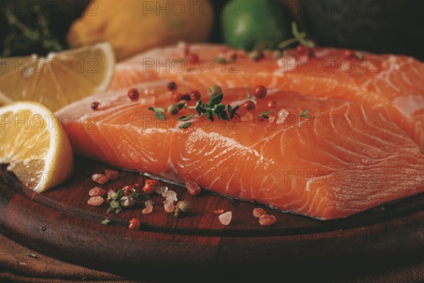 Two salmon fillets rest on a wooden platter. The fillets are garnished with herbs and spices. Lemon and lime slices are nearby. This setup is ready for preparation in a kitchen